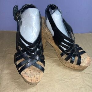 Lauren Ralph Lauren Hallie Black‎ Strappy Leather Sandals Cork Heels Sz 7B